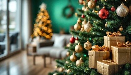 Close-up of a festive christmas tree with golden gift boxes and ornaments in a cozy living room