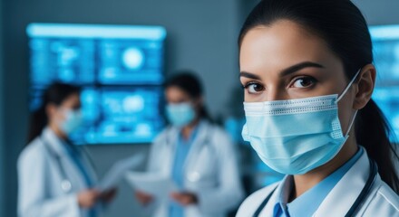 Healthcare professional wears protective mask while working in a modern medical facility during a patient evaluation
