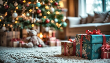 Close-up of festive christmas gifts on a cozy carpet with a blurred decorated tree and warm lights creating a cozy holiday atmosphere