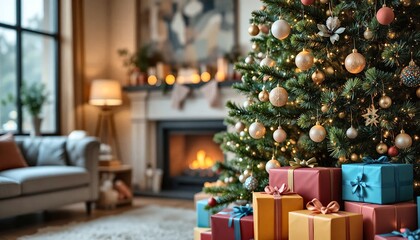 Cozy holiday living room with a decorated christmas tree, colorful gifts, and a warm fireplace creating a festive atmosphere