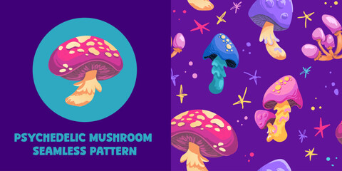 Psychedelic mushrooms vector seamless pattern, fantasy fungi, vibrant neon colors, glowing elements, and abstract stars. Perfect for textile, wallpaper, wrapping paper, boho decor