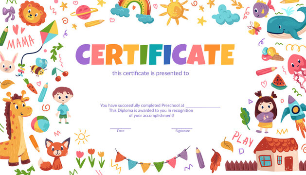 Colorful preschool and school diploma certificate for kids with doodle elements, crayon scribbles, and chalk drawings. Fun cartoon vector design for kindergarten or primary grade achievement award.