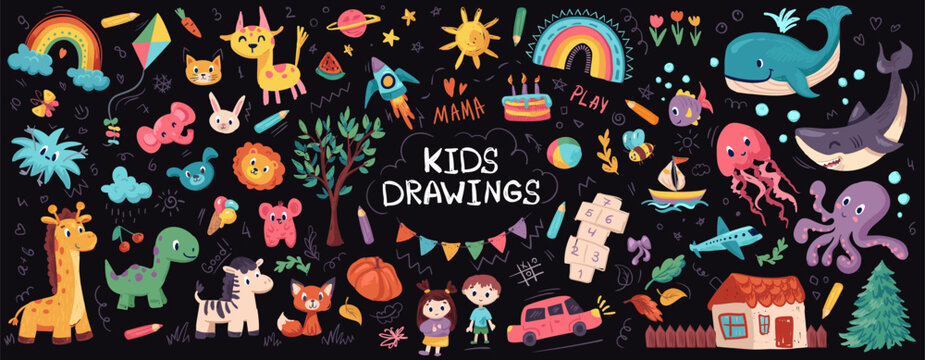 Cute crayon kid illustration. Hand drawn doodle children drawings. Cute kids background for your design, diploma, certificate. Vector cartoon elements on paper bg