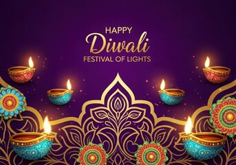 Happy Diwali Festival of Lights: Purple Background with Oil Lamps