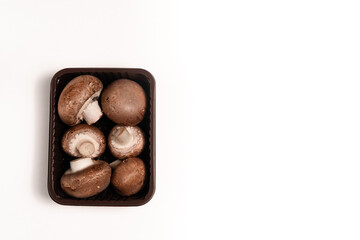Porcini mushrooms in a package. Mushrooms in a plastic box.