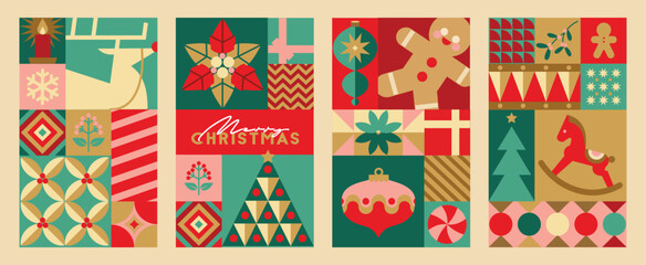Set of Christmas patterns and elements in flat geometric style.  Christmas gift wrapper or advent calendar design.
