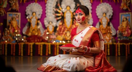 Obraz premium Durga Puja Celebration Bengali Woman Offer Vermilion Traditional Indian Festive Attire