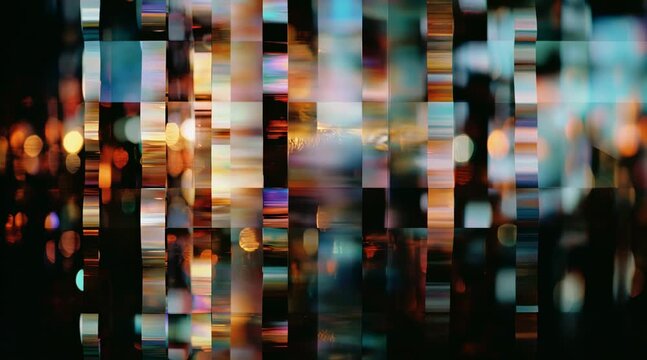 Abstract digital grid of glowing squares and rectangles in soft cinematic focus,  iridescent colors,  gold, teal, violet,  amber, depth, rhythm, and quantum mystery, AI generate