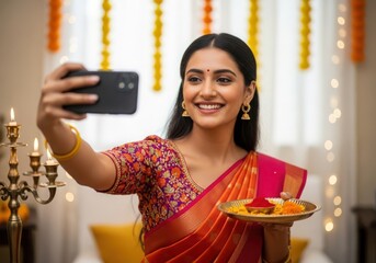 Young Woman Taking Selfie During Diwali Celebration At Home Festival Of Lights