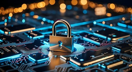 A golden padlock sits atop a detailed circuit board with glowing lights in the background, symbolizing cybersecurity and data protection.
