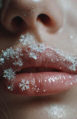 Close-up of woman's lips adorned with tiny snowflakes capturing the chill of winter