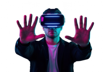 Man wearing virtual reality headset hands outstretched, isolated on transparent background
