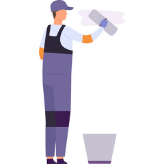 Construction Worker Applying Plaster To Wall With Trowel Tool In Isolated White Background Wearing Blue Overalls And Cap Detailed Flat Illustration