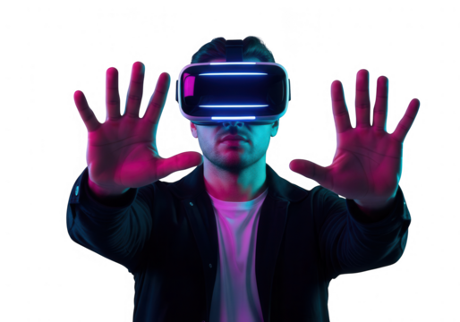 Man wearing virtual reality headset hands outstretched, isolated on transparent background
