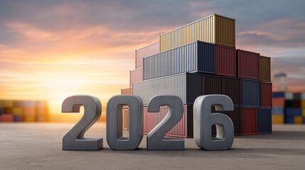 2026 year numbers standing on concrete ground with stacked shipping containers at a cargo port during sunset, symbolizing global trade and future logistics
