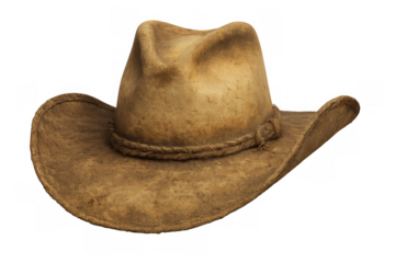 Cowboy hat, vintage western headwear made from brown leather, showing rustic texture and worn look, transparent background