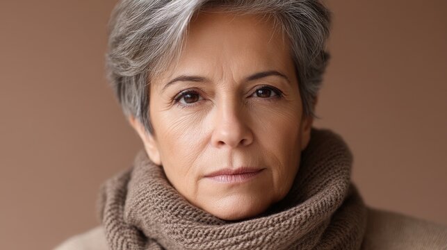 Senior woman with short gray hair wearing cozy knit scarf against neutral background displaying calm expression - Powered by Adobe