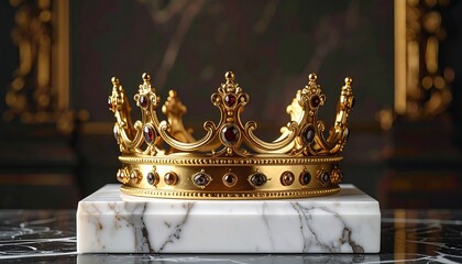 An ornate golden headpiece adorned with jewels, resting atop a marble pedestal. The crown is detailed, with intricate designs and a rich texture