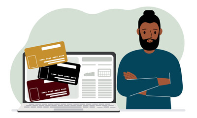 A man next to a laptop. Concept of online money, banking, loans, mortgages, or deposits.