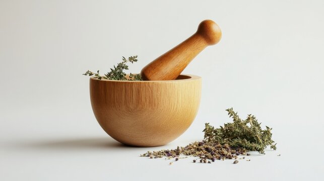 Wooden mortar and pestle with fresh herbs on a light background showcasing culinary preparation