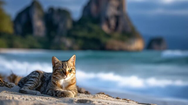 92Adorable cat lounging on soft golden sand at Railay Beach, turquoise waves gently rolling in, limestone cliffs rising majestically in the background
