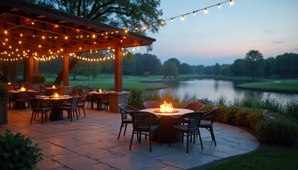 Outdoor seating area with fire pit and string lights near lake at dusk. Tables and chairs are arranged for dining with warm ambient lighting creating cozy atmosphere for guests enjoying scenic view.