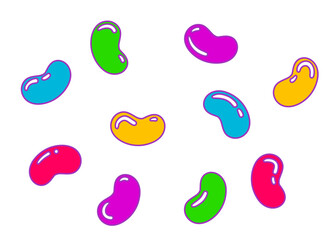 Cartoon fruity jelly beans. Chewy candy sweets with fruit flavors. Flat vector illustration set of colorful gummies for kids, desserts, party designs, and fun backgrounds.