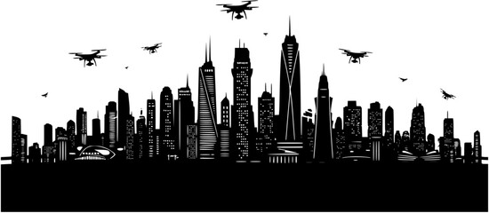 Drone Cityscape Silhouette: Aerial View of Urban Skyline Panorama and Future Technology Vector Illustration