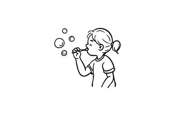 A young girl happily blowing bubbles in a simple black and white drawing