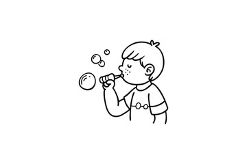 A simple line drawing depicts a young boy blowing soap bubbles happily