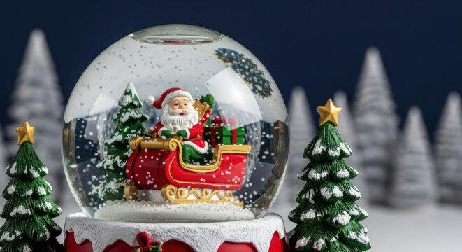 Santa in sleigh snow globe with christmas trees creating a festive holiday scene