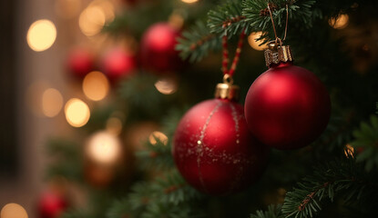 Fototapeta premium Close up of red Christmas balls on a Christmas tree with bokeh background