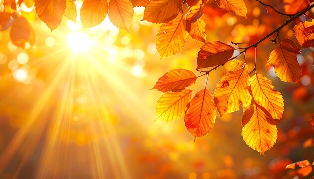 An eye-level shot captures vibrant golden foliage in autumn, bathed in a radiant sun. The scene glows with warmth