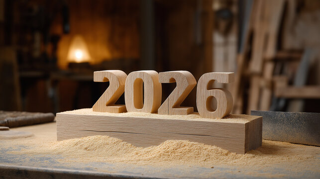 Handcrafting the year 2026, wooden numbers signifying a new beginning and future achievements in a traditional carpentry workshop, symbolizing skill and dedication with copy space