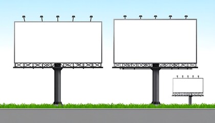 Obraz premium An illustration of several blank billboards of varying sizes are depicted, installed over green grass, atop a gray road, and against a blue sky