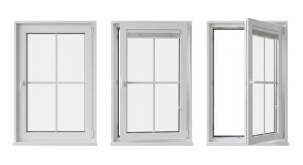 Three identical white pvc windows with double-paned glass and grey handles on a transparent background, showing closed, tilt-and-turn, and fully open states, concept for product catalog display