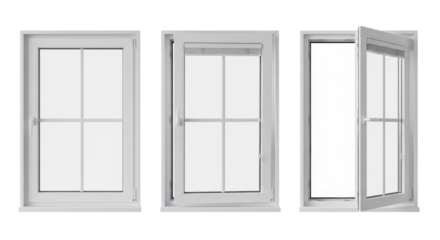 Three identical white pvc windows with double-paned glass and grey handles on a transparent background, showing closed, tilt-and-turn, and fully open states, concept for product catalog display