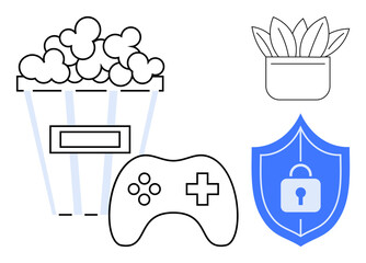 Popcorn bucket, gaming controller, potted plant, and shield with lock icon. Ideal for entertainment, gaming, security, leisure lifestyle relaxation and digital safety. Simple flat metaphor