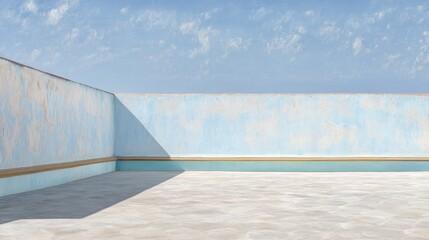 Obraz premium Peaceful terrace setting with a weathered pale blue stucco wall under a serene sky, offering a calm ambiance