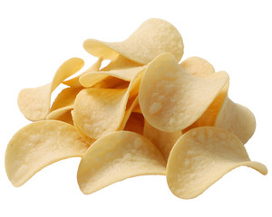 Crispy golden potato chips tempting snack lovers everywhere perfect for party food advertising or highlighting salty cravings on white background