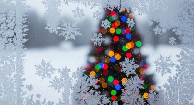 Christmas tree lights seen through a frosty window covered in delicate snowflakes