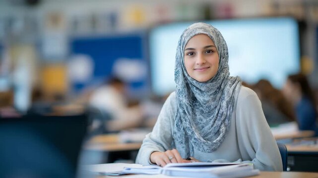 126A Muslim teacher seated at a desk, reviewing assignments, classroom filled with modern technology including interactive smart board