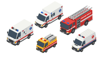 Isometric emergency vehicles collection featuring ambulance and rescue trucks