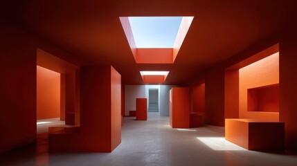 Serene tangerine architecture with geometric forms natural light casting shadows creating a modern gallery space