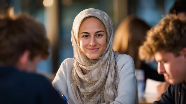 129Female Muslim teacher in hijab leading classroom discussion, large windows letting in golden afternoon light across students&rsquo; faces