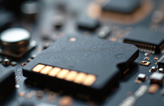 Close-up of a black micro SD card rests on a complex microcircuit board. The image highlights data storage and digital technology. It suggests security concerns within electronic devices.