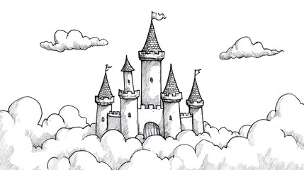 A fanciful, hand-drawn castle rises from soft clouds against a white background