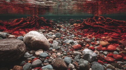 Underwater view colorful riverbed of rocks & stones, with tree roots visible beneath the water surface, showcasing a reddish hue