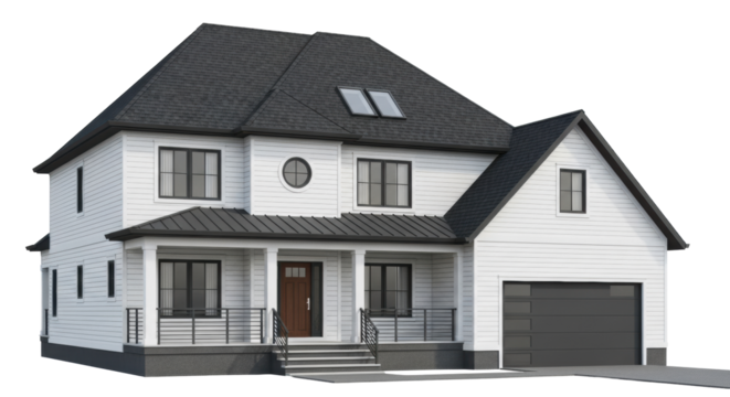 Modern two-story private house with white siding, dark grey roof, porch, dark brown door, and round window, isolated on a transparent background with copy space, concept of modern suburban elegance