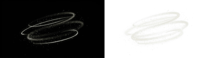 Abstract PNG overlay featuring swirling light trails on contrasting black and white backgrounds, creating a dynamic visual effect for creative design projects and digital artwork